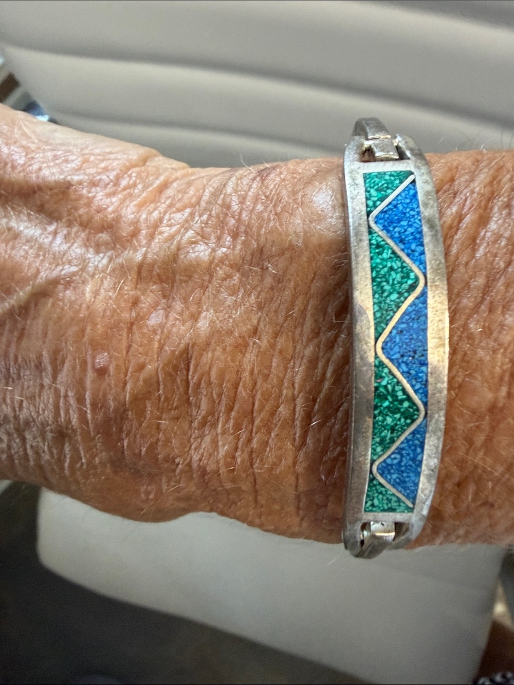Silver Bracelet with Blue & Green Wave Inlay